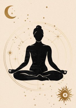 Kahverengi arka planda yoga yapan esnek bir kızın silüeti. 
