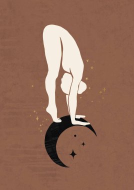 Kahverengi arka planda yoga yapan esnek bir kızın silüeti. 