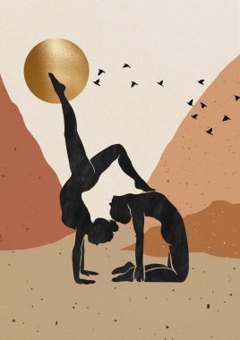 Soyut arka planda yoga yapan esnek kızların siluetleri. 