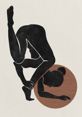 Kahverengi arka planda yoga yapan esnek bir kızın silüeti. 