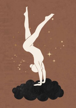 Kahverengi arka planda yoga yapan esnek bir kızın silüeti. 