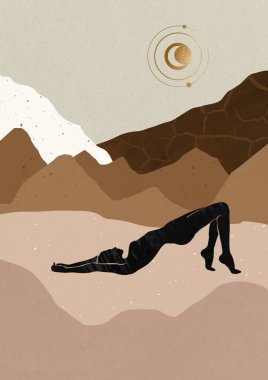 Kahverengi arka planda yoga yapan esnek bir kızın silüeti. 