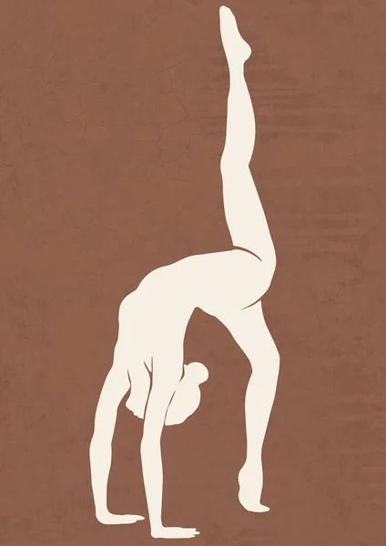 Siluet Seorang Gadis Fleksibel Berlatih Yoga Latar Belakang Coklat — Stok Foto