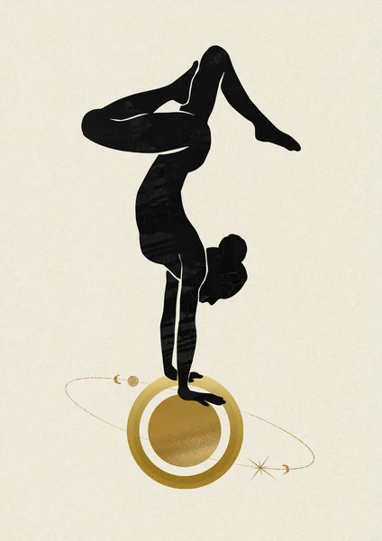 一个在褐色背景下练习瑜伽的柔韧女孩的轮廓 — 图库照片