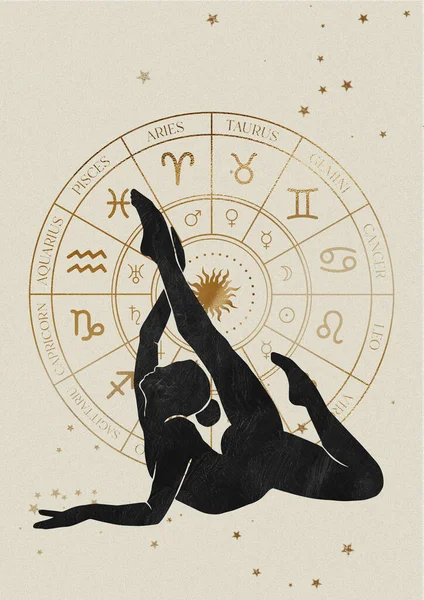 Silhouette Einer Frau Yoga Pose Auf Dem Hintergrund Astrologischer Horoskopzeichen — Stockfoto