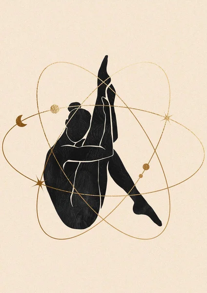 一个女人在瑜伽中的轮廓具有宇宙符号背景 — 图库照片