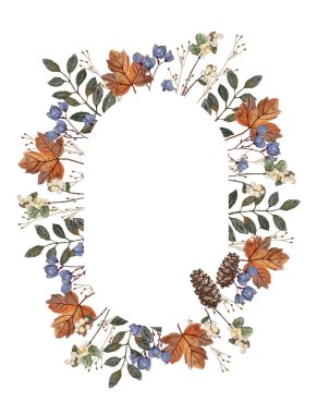 Yaprak ve böğürtlenli suluboya çelenk. vektör illüstrasyonu