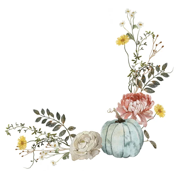 Ακουαρέλα Εικονογράφηση Του Φθινοπώρου Λουλούδια Κολοκύθας Και Φύλλα Απομονώνονται Λευκό — Φωτογραφία Αρχείου