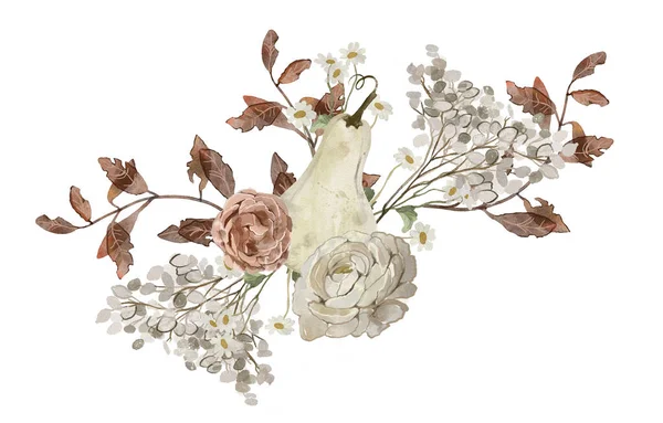 Akvarell Illustration Höst Pumpa Blommor Och Blad Isolerade Vit Bakgrund — Stockfoto