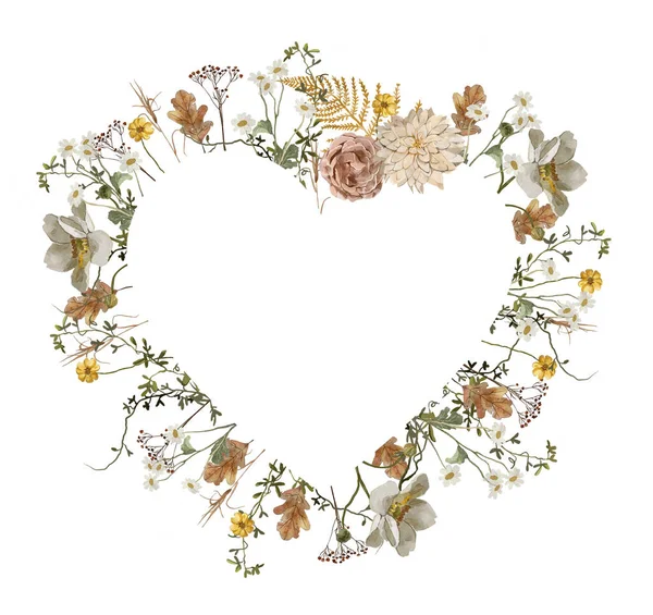 Κορνίζα Λουλουδιών Σχήμα Καρδιάς Λουλούδια Και Φύλλα — Φωτογραφία Αρχείου
