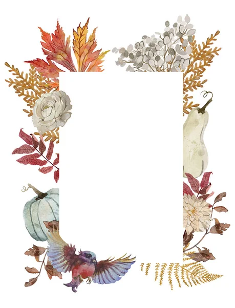 Moldura Aquarela Folhas Flores Outono Ilustração Desenhada Mão — Fotografia de Stock