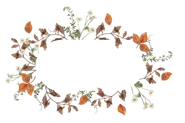 Aquarel Bloemenkrans Met Bladeren Bloemen Geïsoleerd Witte Achtergrond — Stockfoto