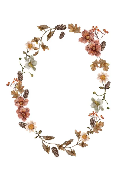 Aquarel Bloemenkrans Met Kegels Bladeren Bloemen Geïsoleerd Witte Achtergrond — Stockfoto