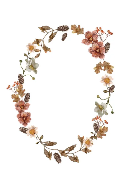 watercolor floral wreath with cones, leaves and flowers. isolated on white background.