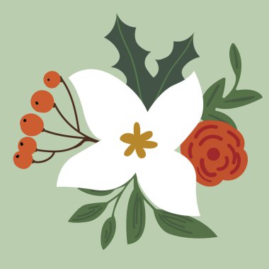 Çiçek ve yapraklı güzel çiçek deseni, vektör illüstrasyonu