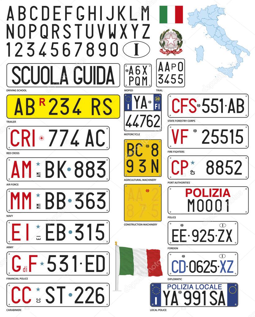 Various and special Italian car license plates, Italy, vector illustration