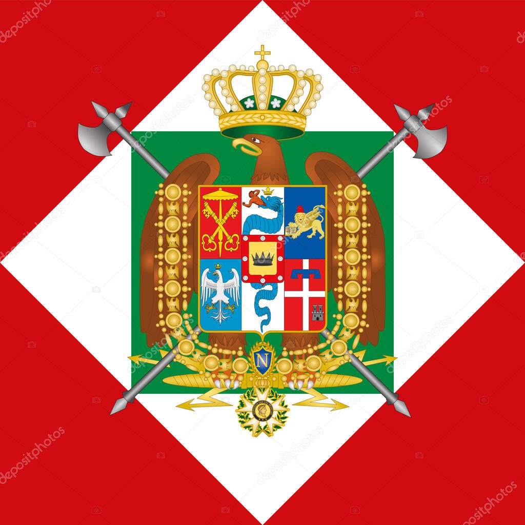 Napoleonic Kingdom of Italy, 1805 - 1814, coat of arms on the national flag, vector illustration