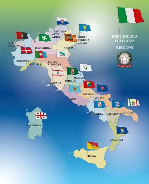 Itálie, regionální vlajky, mapa — Stockový vektor