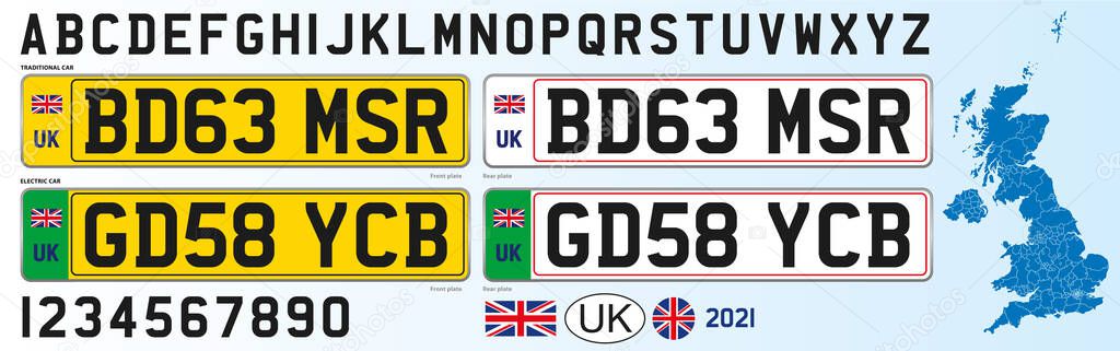 United Kingdom license plate new design 2021, numbers, lettering and symbols, vector illustration