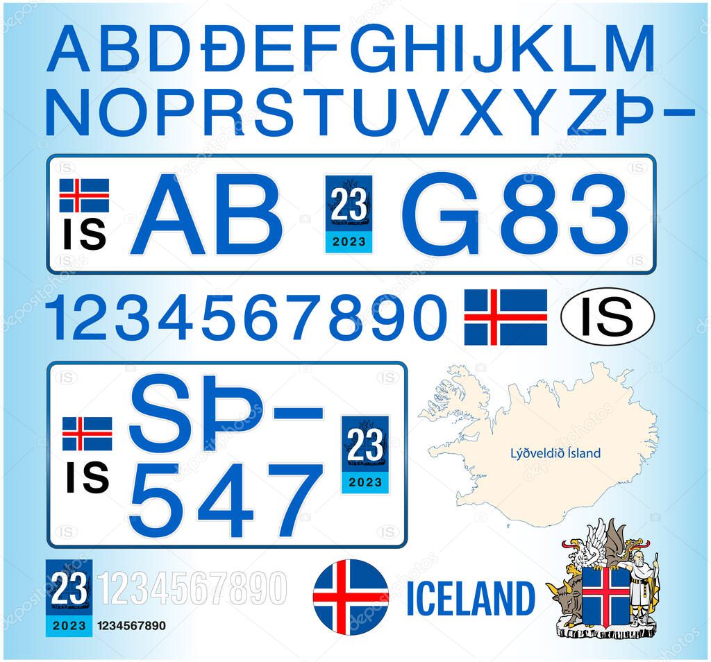 Iceland car license plate, letters, numbers and symbols, vector illustration