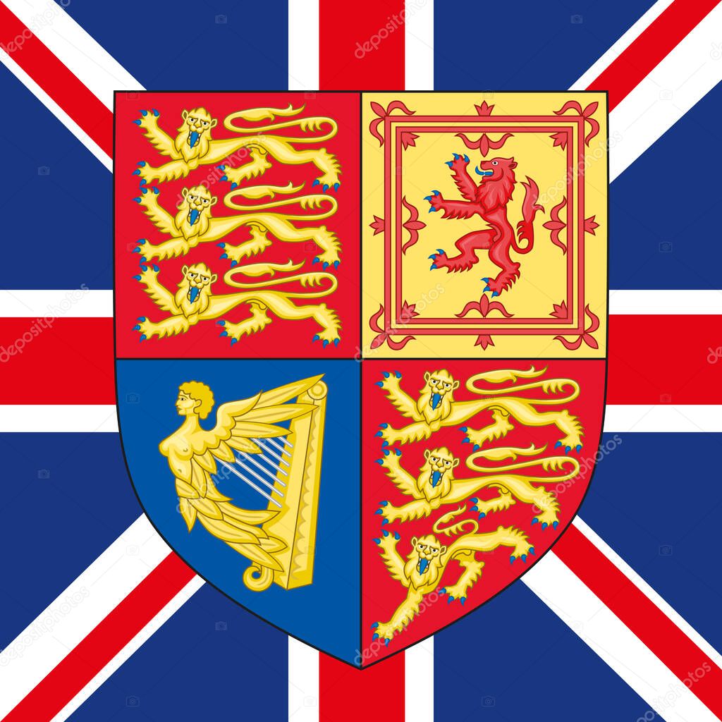Royal standard coat of arms on the british flag, United Kingdom, vector illustration