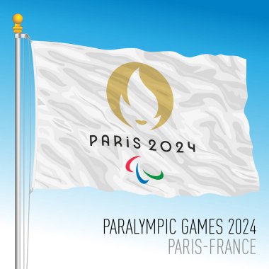 Paris, Fransa, yıl 2024, Engelli Oyunları bayrağı, uluslararası spor organizasyonu, vektör illüstrasyonu, editoryal kullanım