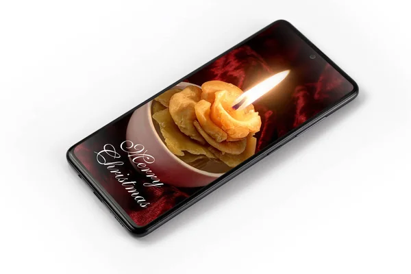 Smartphone Mit Weihnachtsbild Auf Dem Bildschirm Isoliert Auf Weißem Hintergrund — Stockfoto