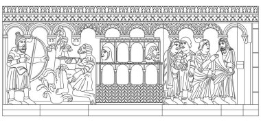 Romanesque bas-relief of the cathedral of Modena, Italy, cycle of genesis, outline vector illustration on the white background, Unesco World Heritage site