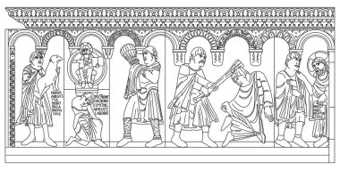 Romanesque bas-relief of the cathedral of Modena, Italy, cycle of genesis, outline vector illustration on the white background, Unesco World Heritage site