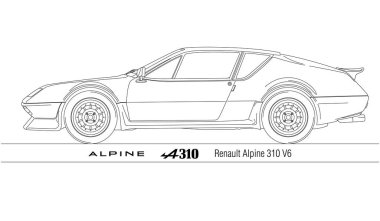 Renault Alpine A310 V6 silueti beyaz arkaplanda özetlenmiş, illüstrasyon