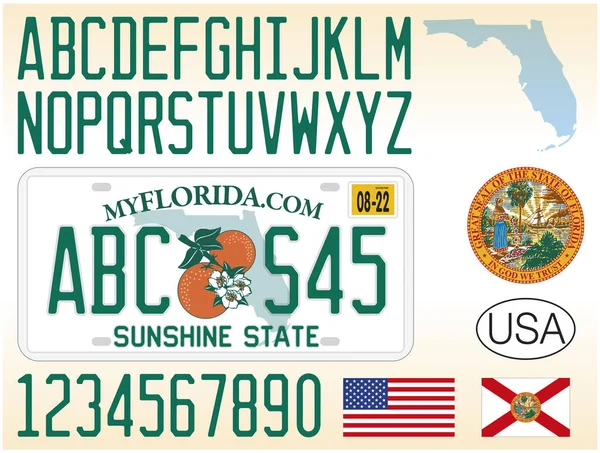 Florida plaka tasarımı, numaralar, harfler ve sembollerle, Amerika Birleşik Devletleri, vektör illüstrasyonu