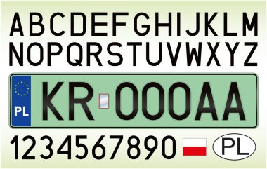 Polonya 'nın yeşil araba plakası, harfler, sayılar ve semboller, vektör illüstrasyonu