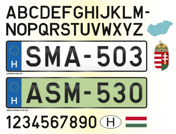 ハンガリーのグリーン車のナンバープレート 数字と記号 ベクトル図 — ストックベクタ