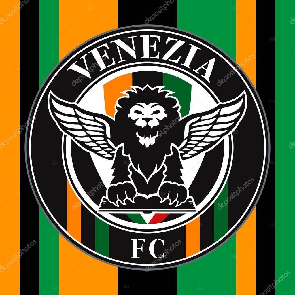 Venice, Italy, April 2022 - Venezia F.C. Football Club brand logo with orange, green and black colors, illustration