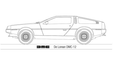 De Lorean DMC-12 silueti beyaz arkaplanda özetlenmiş, illüstrasyon