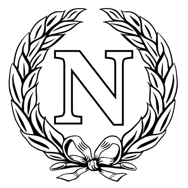月桂樹の花輪の中のナポレオン文字N記号 白い背景のベクトルイラスト — ストックベクタ