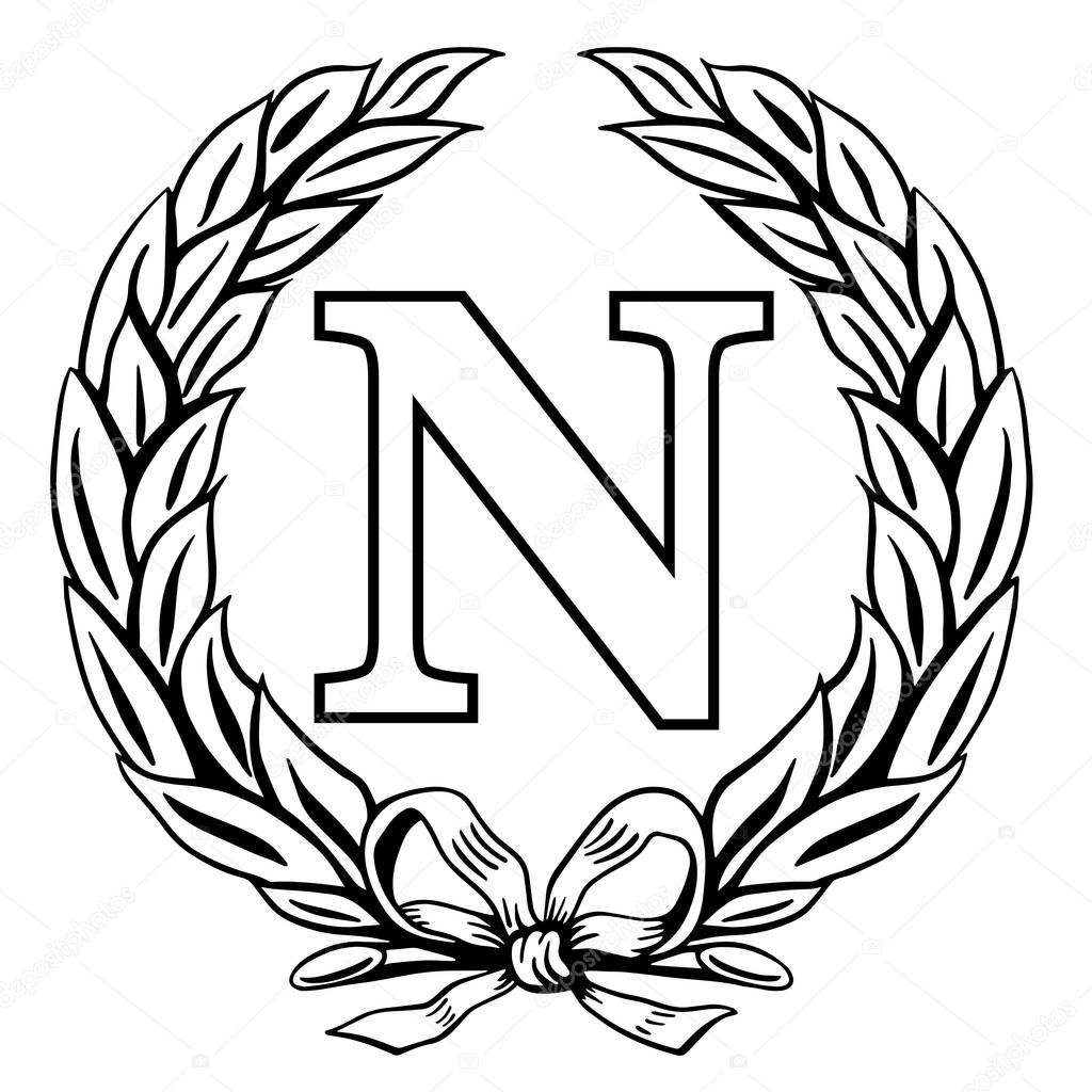 Napoleonic letter N symbol inside a laurel wreath, vector illustration on the white background