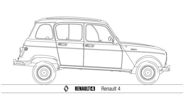 Renault French Vintage Car Silhouette Outlined Illustration — Vettoriale Stock