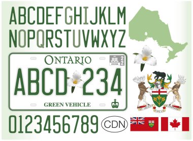 Ontario yeşil elektrikli araba plakası, Kanada, harfler, sayılar ve semboller, vektör illüstrasyonu