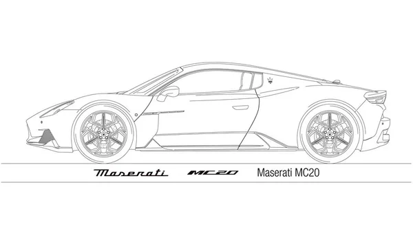 Italy Year 2020 Maserati Mc20 Super Sport Car Silhouette Outlined — стоковый вектор