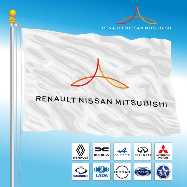 Bandiera Del Gruppo Industriale Automobilistico Renault Nissan Mitsubishi Prodotti Marca — Vettoriale Stock