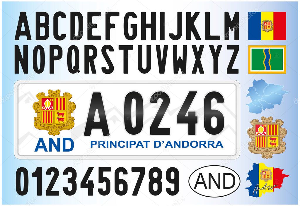 Andorra new car license plate, 2011, letters, numbers and symbols, vector illustration