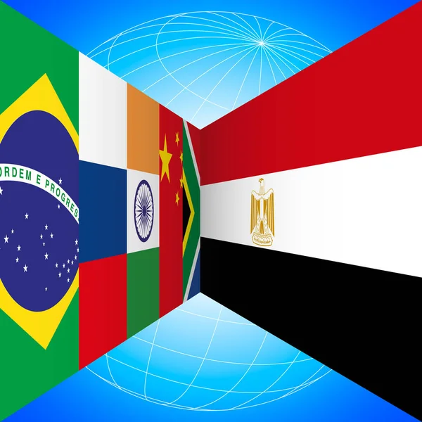Brics Zászlók Országok Egyiptom Zászló Föld Gömb Perspektívában Kék Háttér — Stock Vector