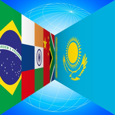 BRICS ülkeleri ve Kazakistan bayrağını mavi arkaplan ve vektör illüstrasyonuna perspektif olarak dünya küresi perspektifiyle bayraklar