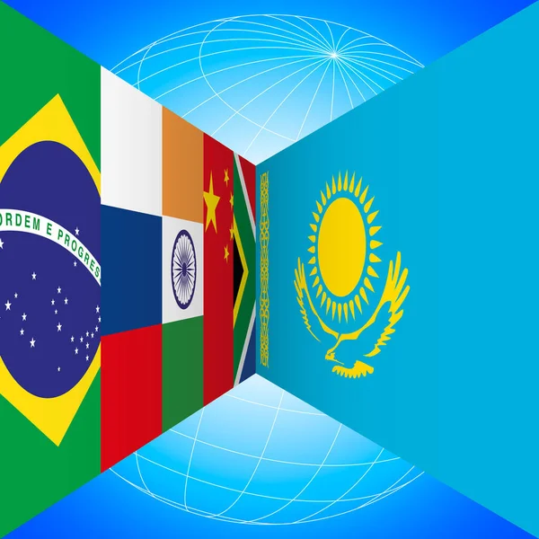 Brics Flags Countries Kazakhstan Flag Earth Globe Perspective Blue Background — Stock Vector