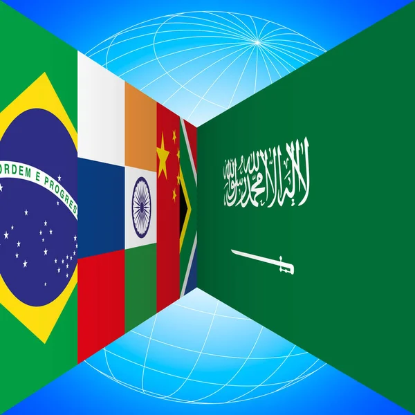 Brics Banderas Países Bandera Arabia Saudita Con Globo Terráqueo Perspectiva — Vector de stock