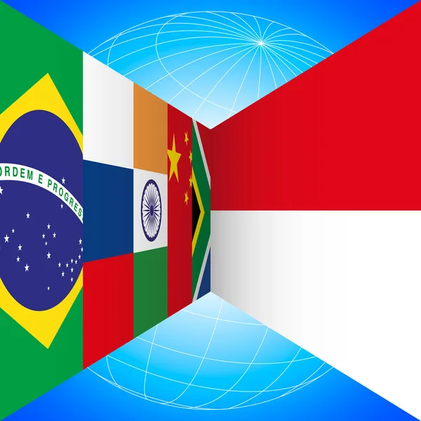 Brics Flags Countries Indonesia Flag Earth Globe Perspective Blue Background — Wektor stockowy