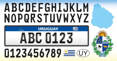 Uruguay araba plakası, harfler, numaralar ve semboller, Güney Amerika, vektör illüstrasyonu