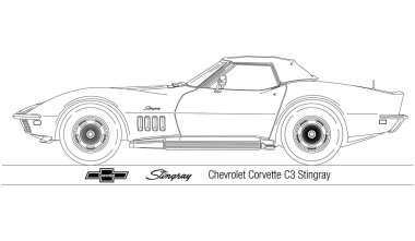 ABD, 2022 yılı, Corvette Singray C3 siluetinin çizimi, klasik araba, 1969 yılı, illüstrasyon