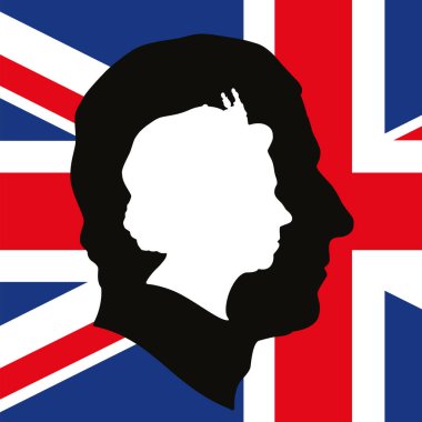 III. Charles ve II. Elizabeth İngiliz bayrağındaki profil silueti, vektör illüstrasyonu
